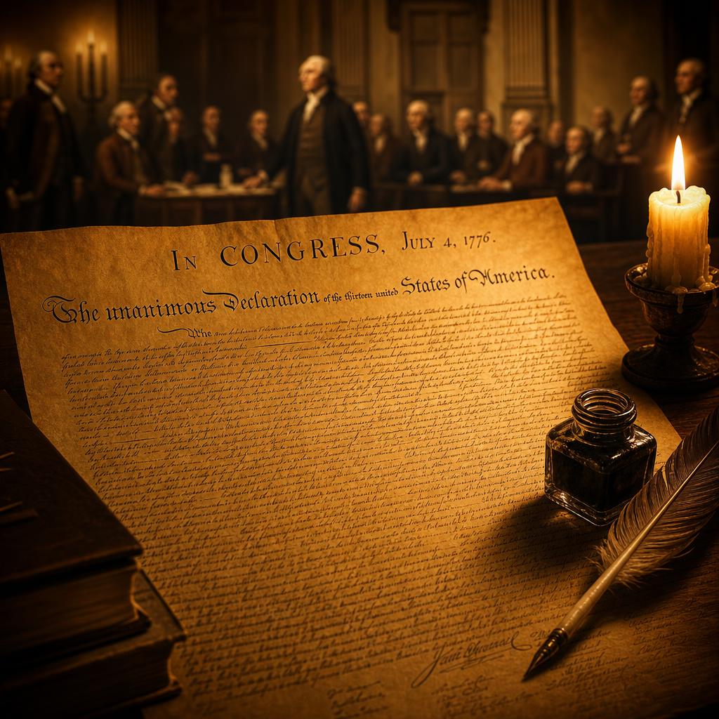The Declaration of Independence parchment by candlelight