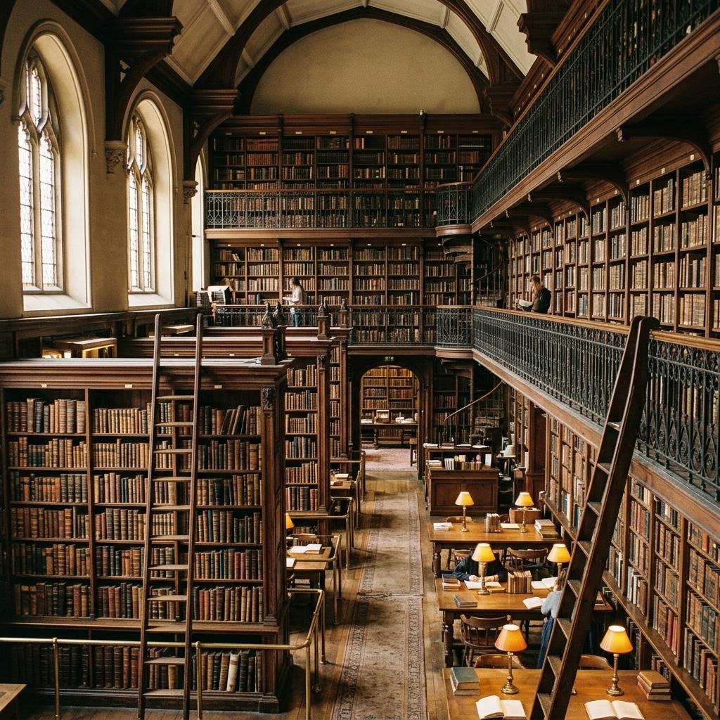 A grand Enlightenment-era library with floor-to-ceiling bookshelves