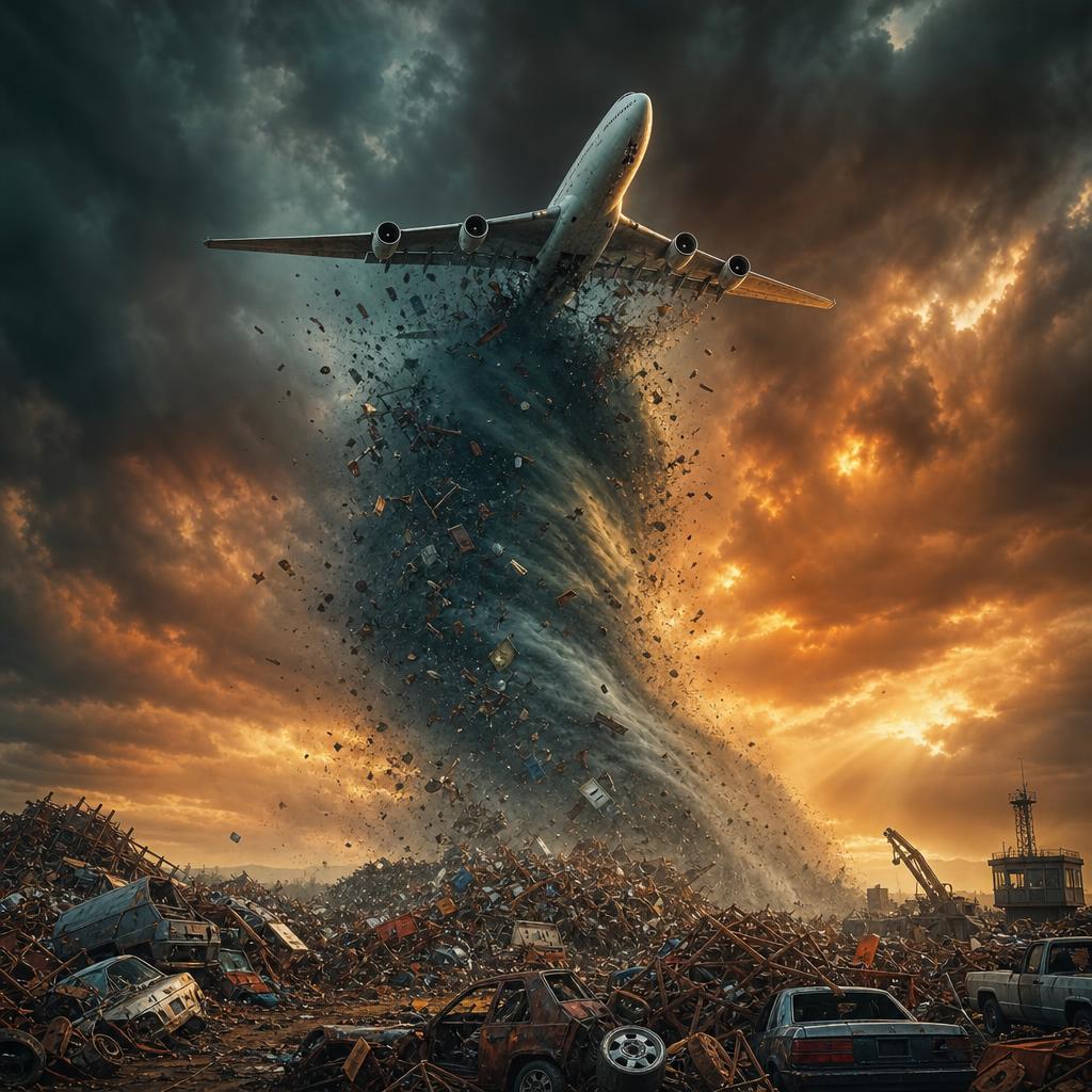 A tornado sweeping through a junkyard with a Boeing 747 emerging from it — illustrating Hoyle's analogy