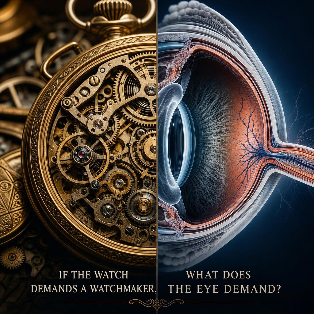 A pocket watch mechanism beside a human eye — illustrating Paley's watchmaker analogy