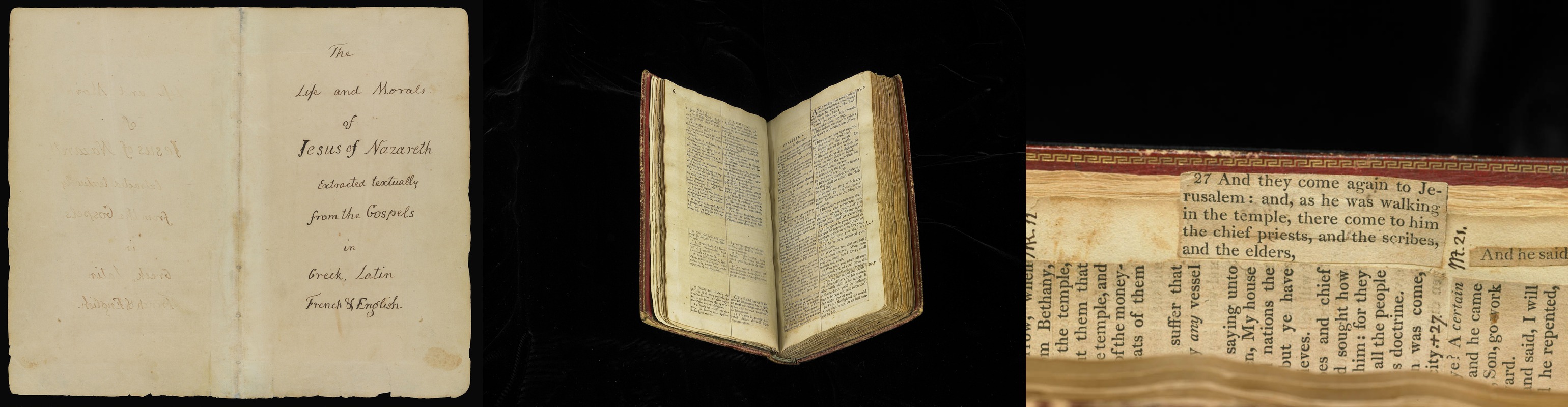 Jefferson's Bible — interior spread, second view, and tab page showing the razor-cut and pasted sections