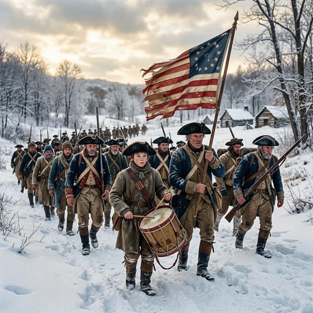 Continental Army soldiers marching forward with tattered American flag and drummer in battle