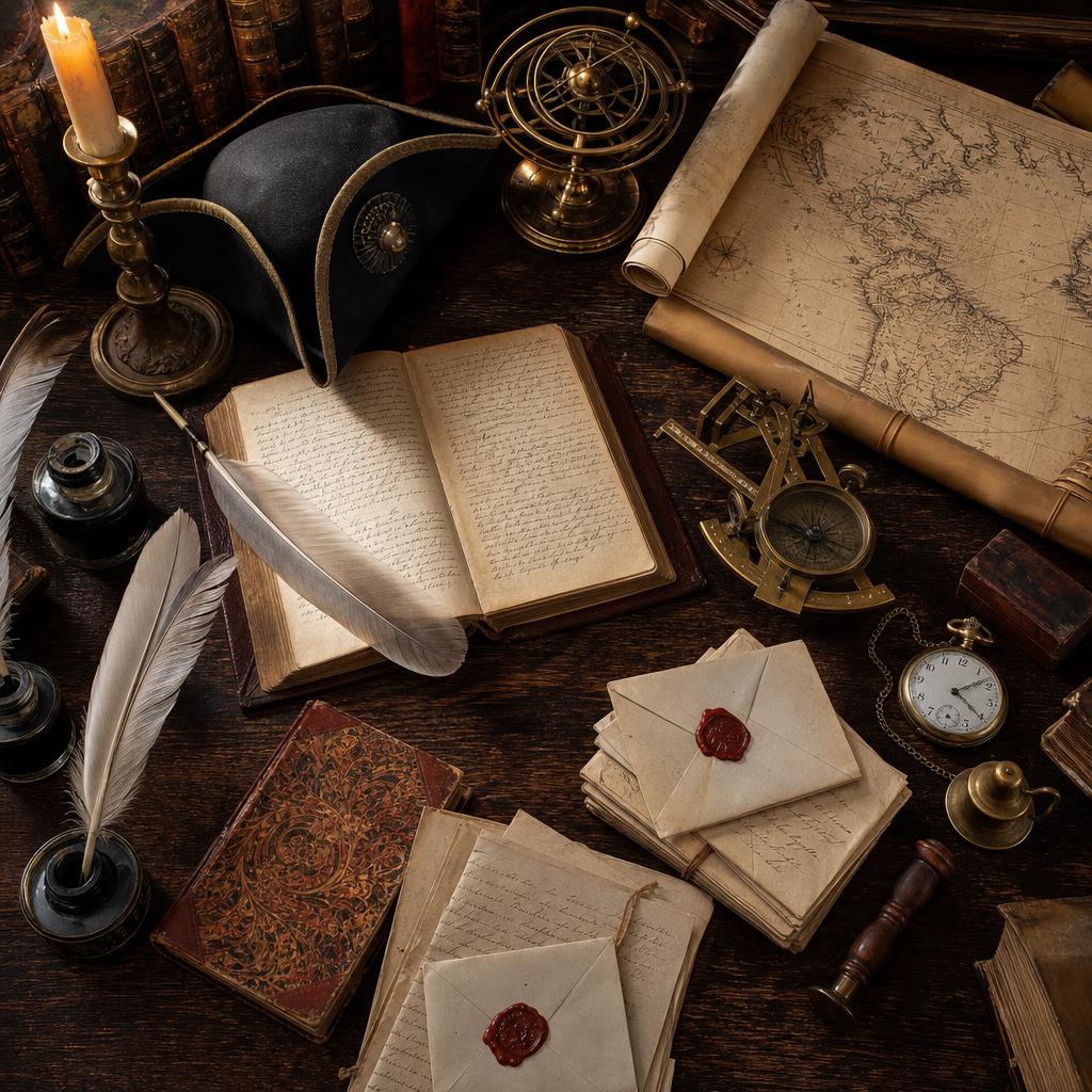 Antique table with parchment scrolls, maps, quill pens, wax seals, and leather-bound books by candlelight